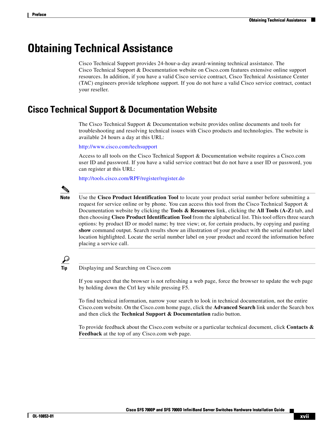 Cisco Systems SFS 7000D, SFS 7000P Obtaining Technical Assistance, Cisco Technical Support & Documentation Website, xvii 