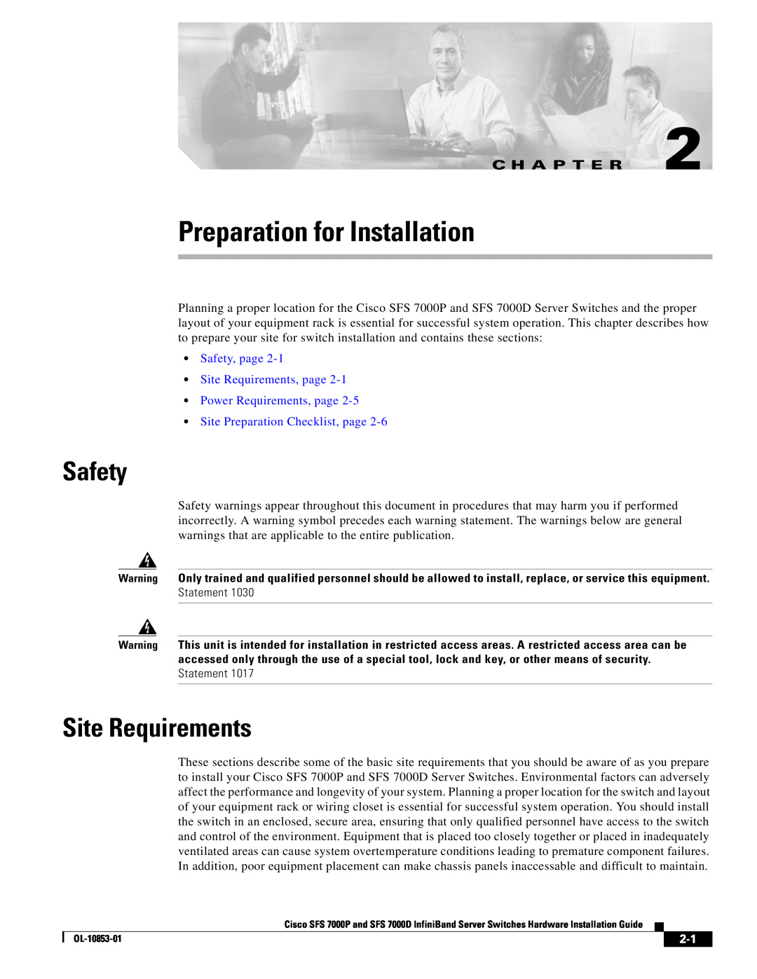 Cisco Systems SFS 7000D, SFS 7000P manual Preparation for Installation, Safety, Site Requirements, C H A P T E R 