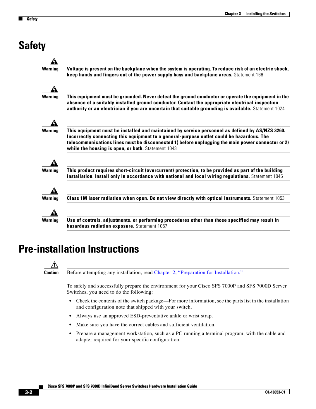 Cisco Systems SFS 7000P, SFS 7000D manual Pre-installation Instructions, Safety 