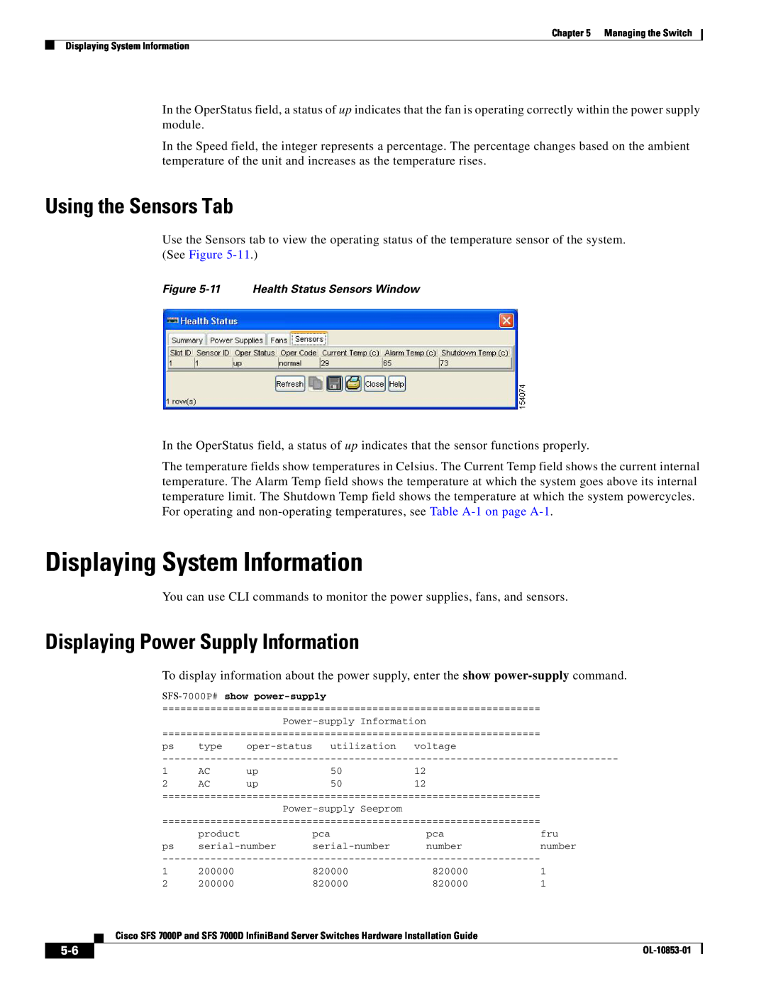 Cisco Systems SFS 7000P manual Displaying System Information, Using the Sensors Tab, Displaying Power Supply Information 