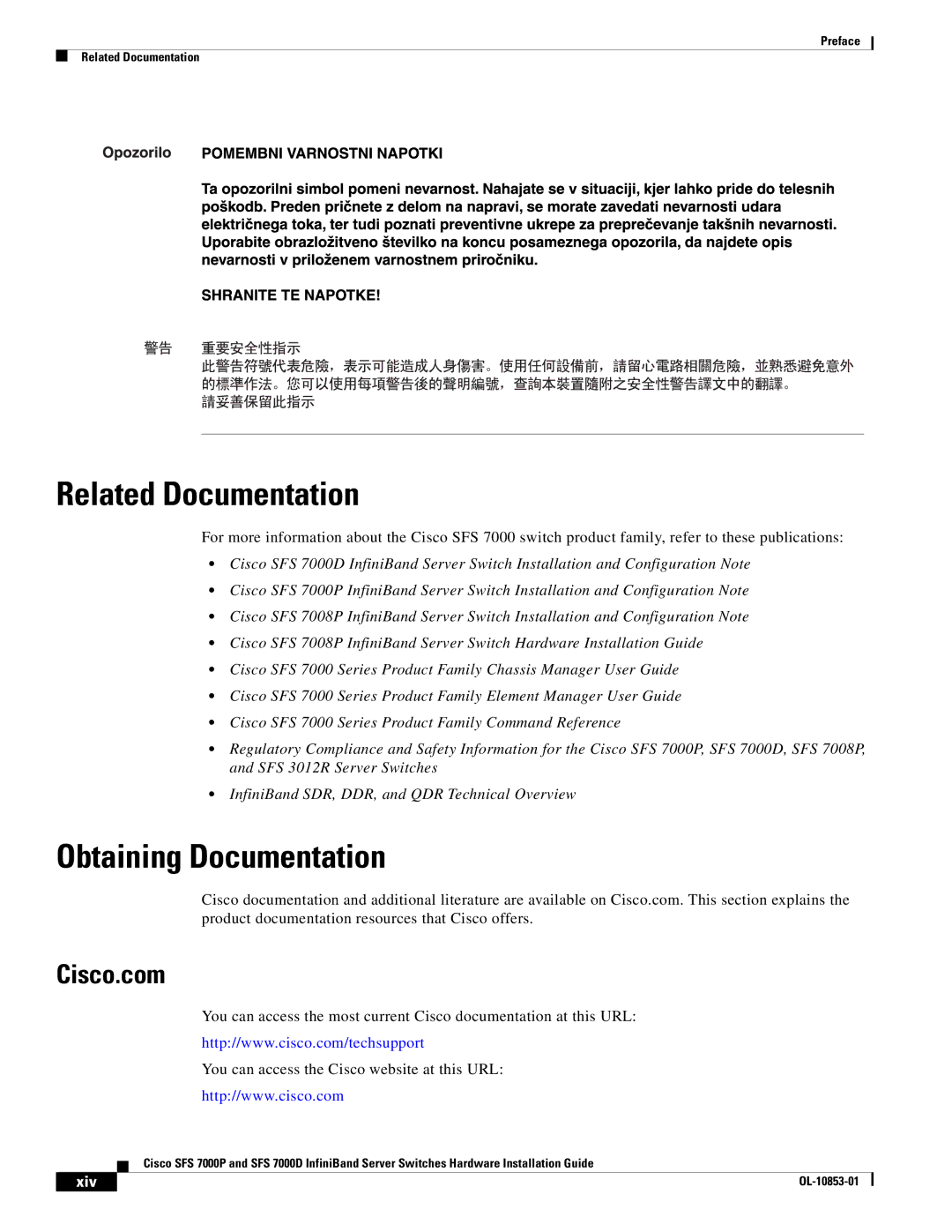 Cisco Systems SFS 7000P, SFS 7000D manual Related Documentation, Obtaining Documentation, Cisco.com, Xiv 