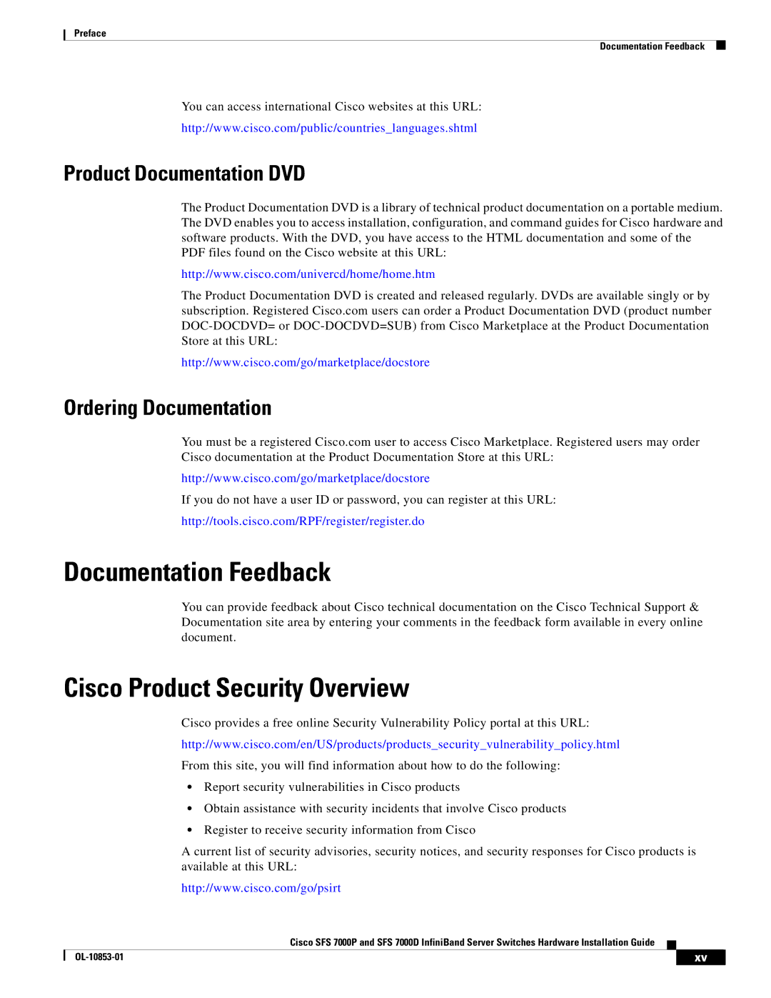 Cisco Systems SFS 7000D, SFS 7000P manual Documentation Feedback, Cisco Product Security Overview 