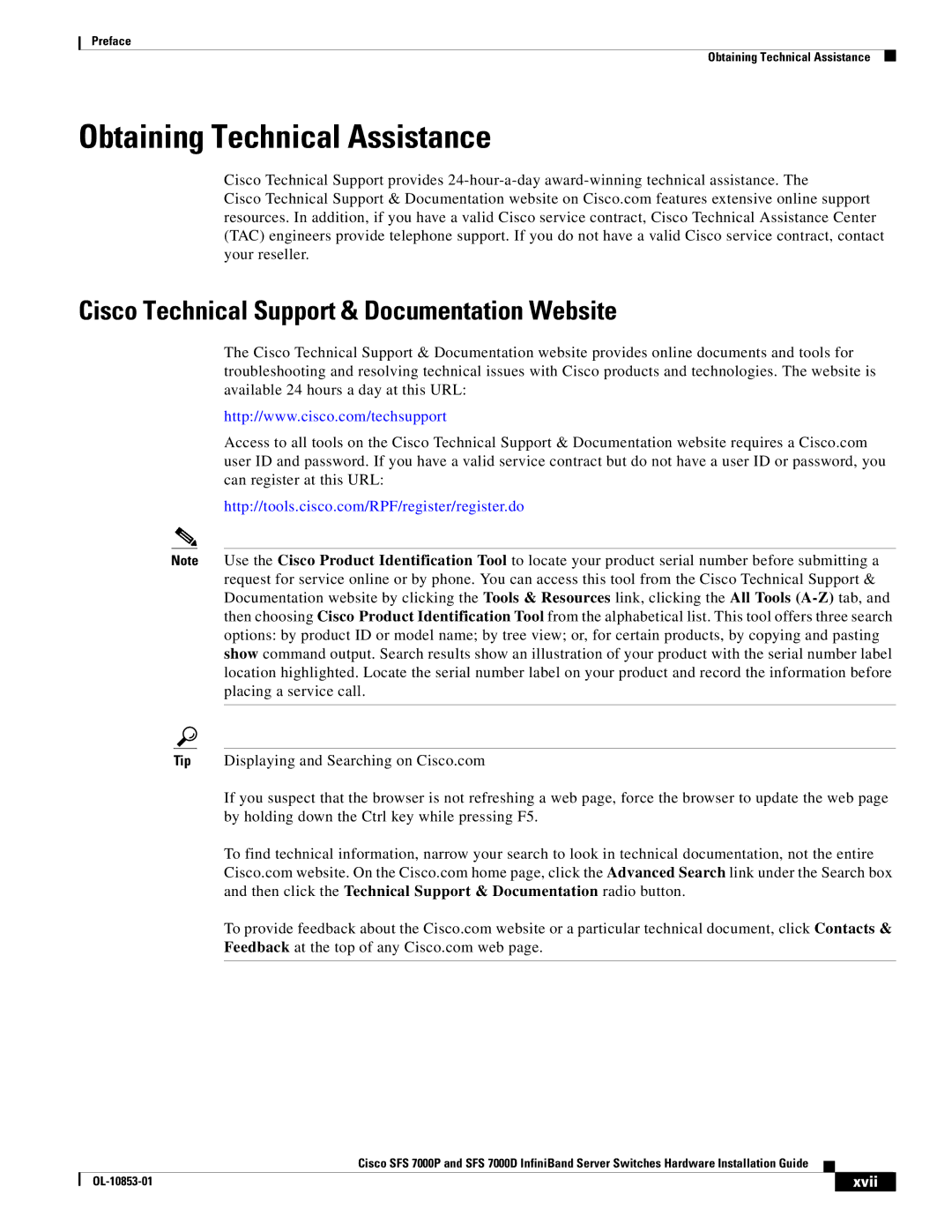 Cisco Systems SFS 7000D, SFS 7000P Obtaining Technical Assistance, Cisco Technical Support & Documentation Website, Xvii 