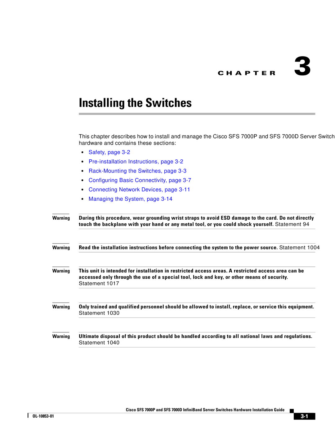 Cisco Systems SFS 7000D, SFS 7000P manual Installing the Switches 