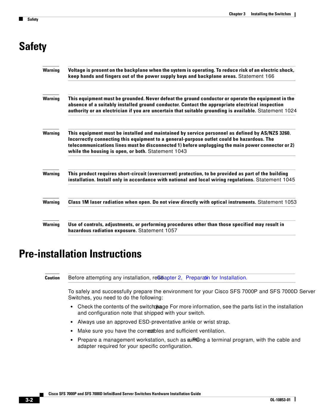 Cisco Systems SFS 7000P, SFS 7000D manual Safety, Pre-installation Instructions 