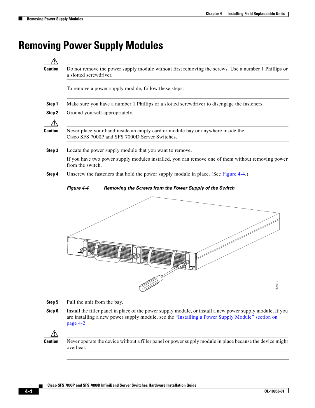 Cisco Systems SFS 7000P, SFS 7000D manual Removing Power Supply Modules, Pull the unit from the bay 