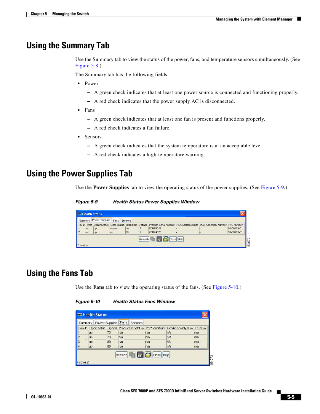 Cisco Systems SFS 7000D, SFS 7000P manual Using the Summary Tab, Using the Power Supplies Tab, Using the Fans Tab 