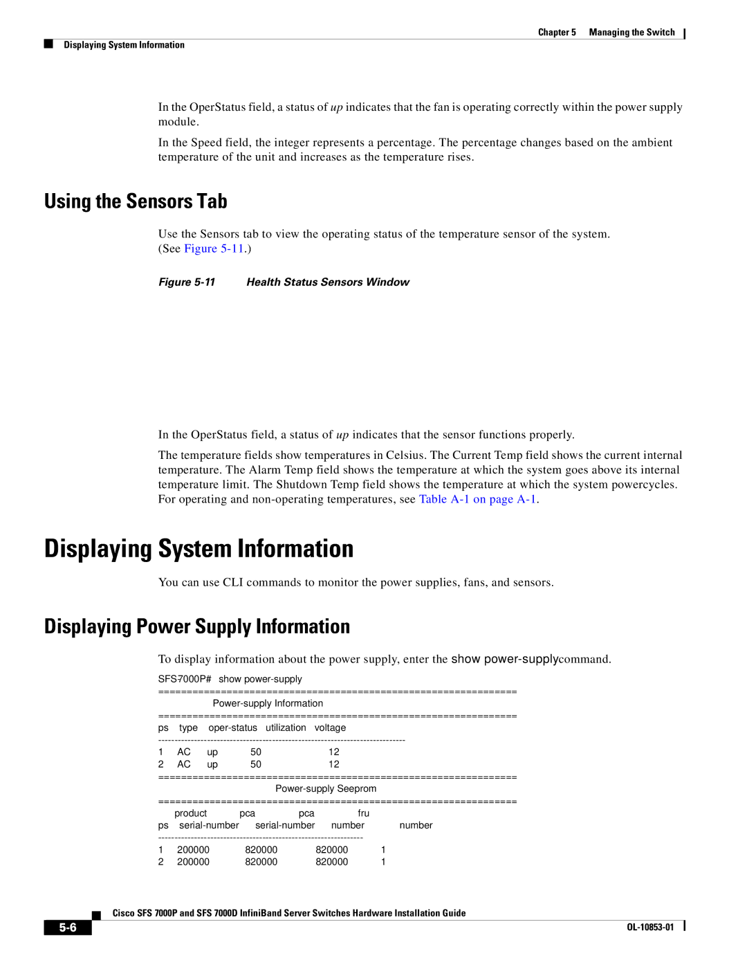 Cisco Systems SFS 7000P manual Displaying System Information, Using the Sensors Tab, Displaying Power Supply Information 