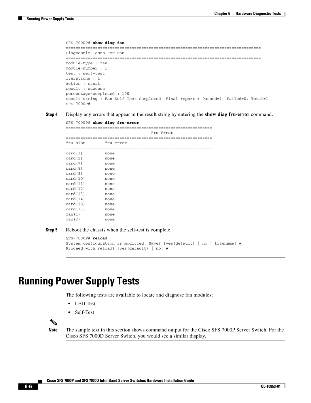 Cisco Systems SFS 7000P, SFS 7000D Running Power Supply Tests, Reboot the chassis when the self-test is complete, Diag Fan 