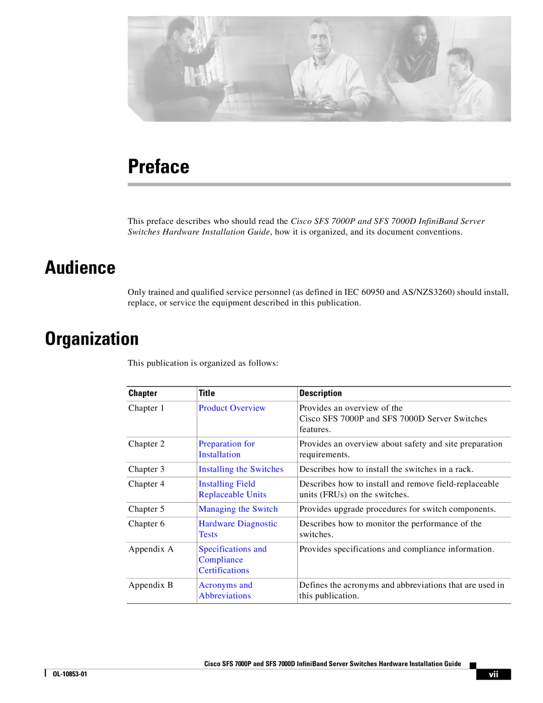 Cisco Systems SFS 7000D, SFS 7000P manual Preface, Audience, Organization, Chapter Title Description, Vii 