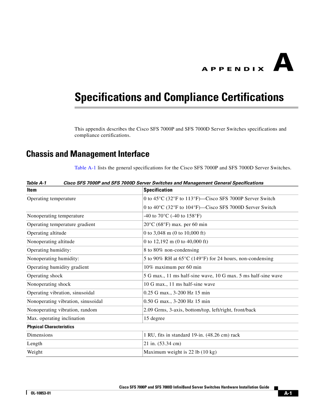 Cisco Systems SFS 7000D, SFS 7000P manual Specifications and Compliance Certifications, Chassis and Management Interface 