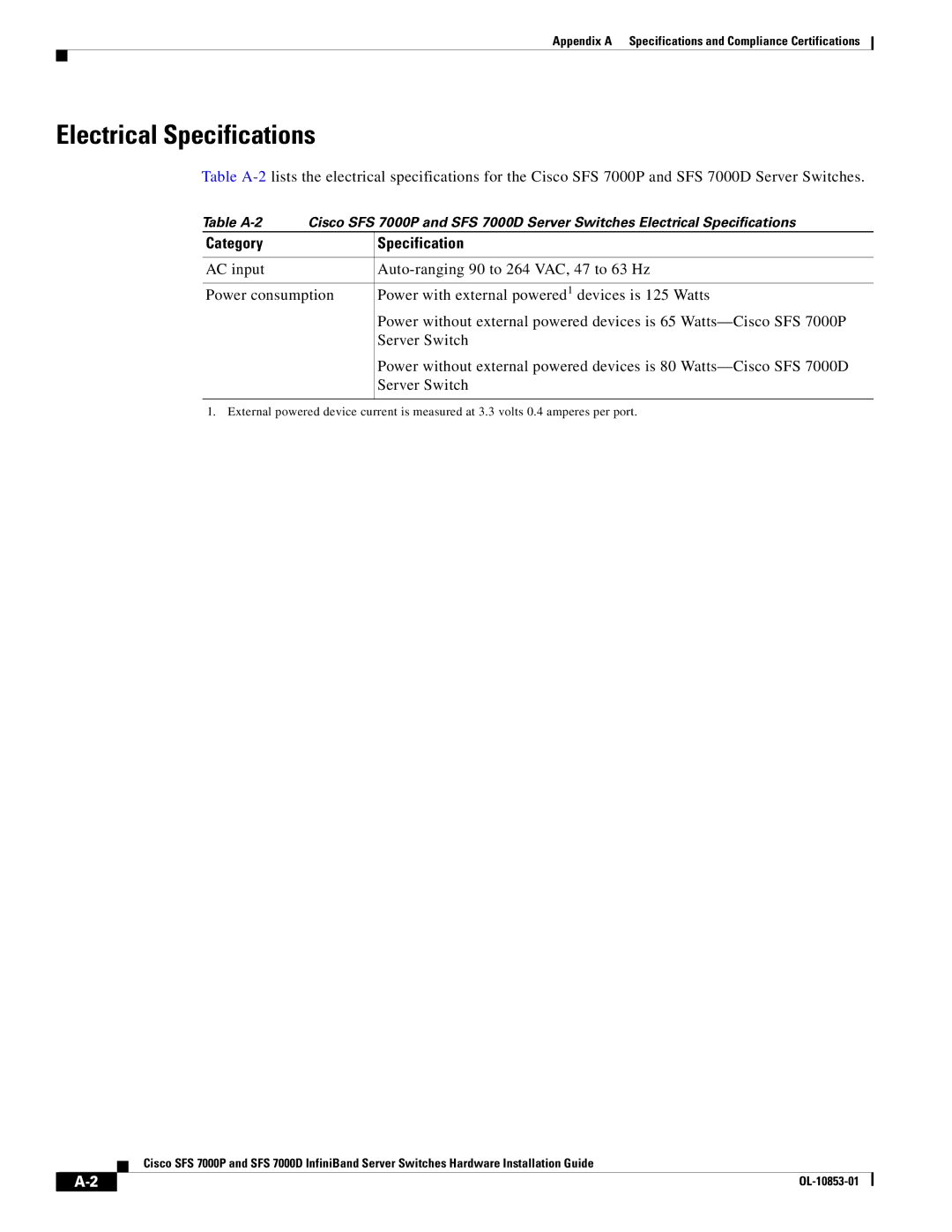 Cisco Systems SFS 7000P, SFS 7000D manual Electrical Specifications, Category Specification 