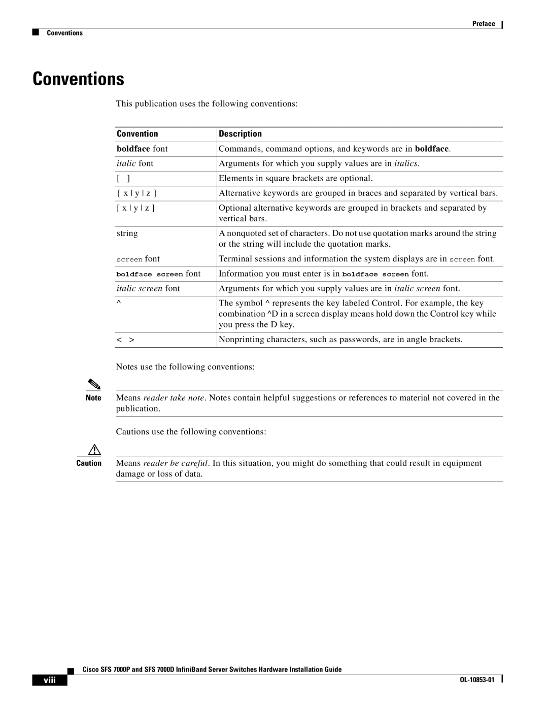 Cisco Systems SFS 7000P, SFS 7000D manual Conventions, Convention Description, Viii 