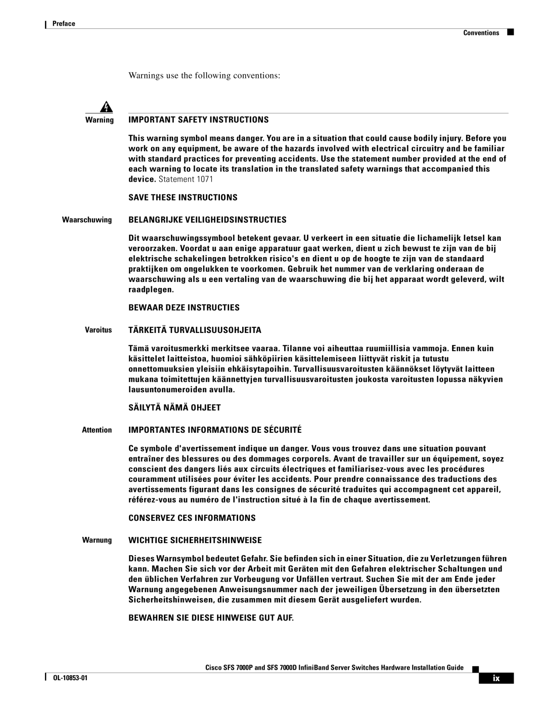 Cisco Systems SFS 7000D, SFS 7000P manual Bewaar Deze Instructies, Warnung Wichtige Sicherheitshinweise 