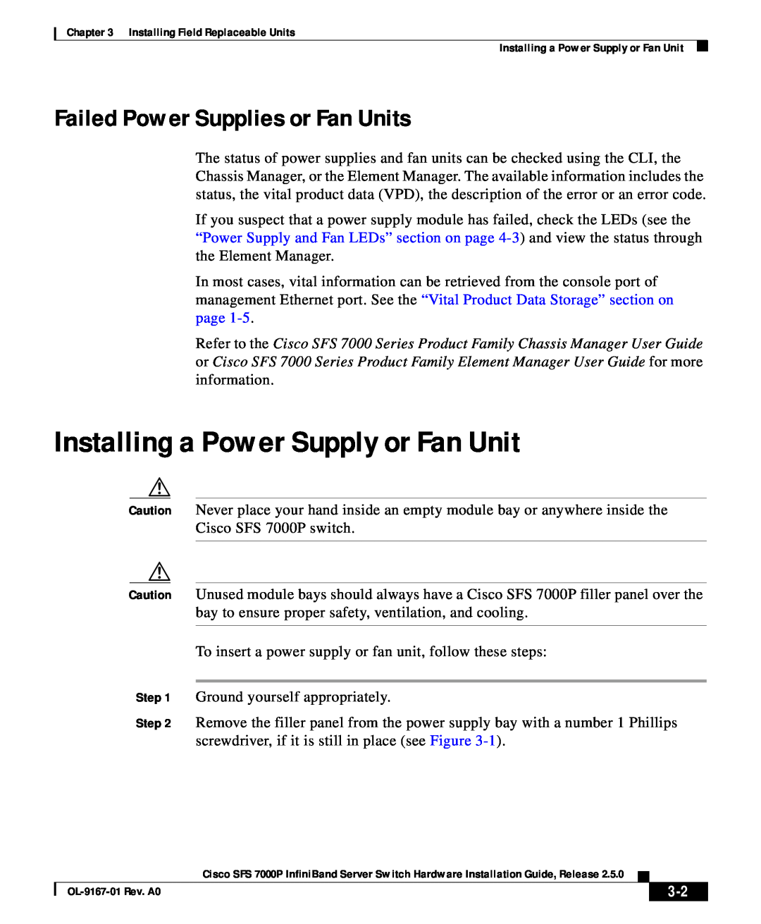 Cisco Systems SFS 7000P manual Installing a Power Supply or Fan Unit, Failed Power Supplies or Fan Units 