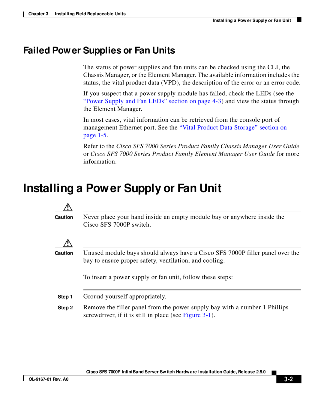 Cisco Systems SFS 7000P manual Installing a Power Supply or Fan Unit, Failed Power Supplies or Fan Units 