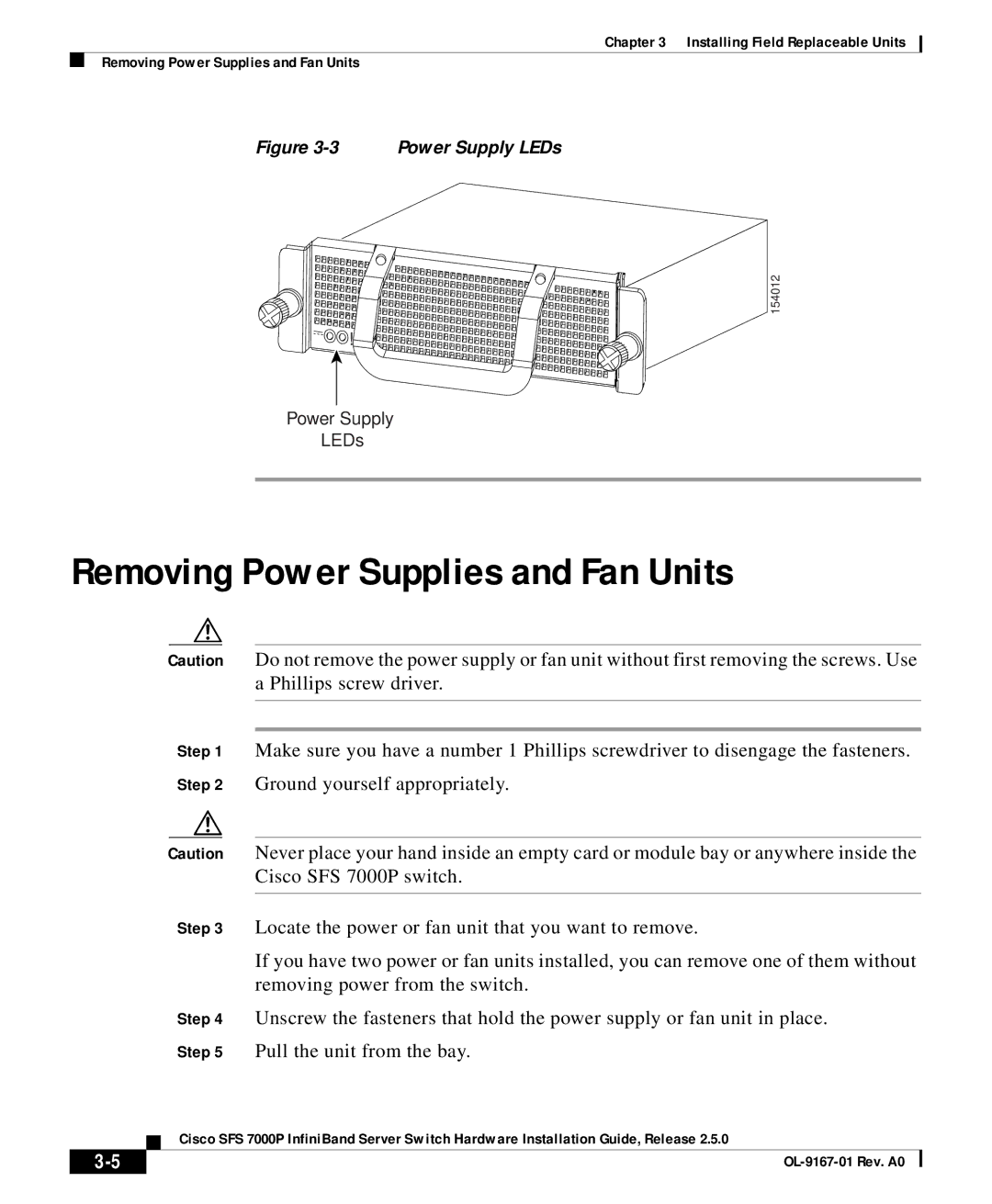 Cisco Systems SFS 7000P manual Removing Power Supplies and Fan Units, Power Supply LEDs 