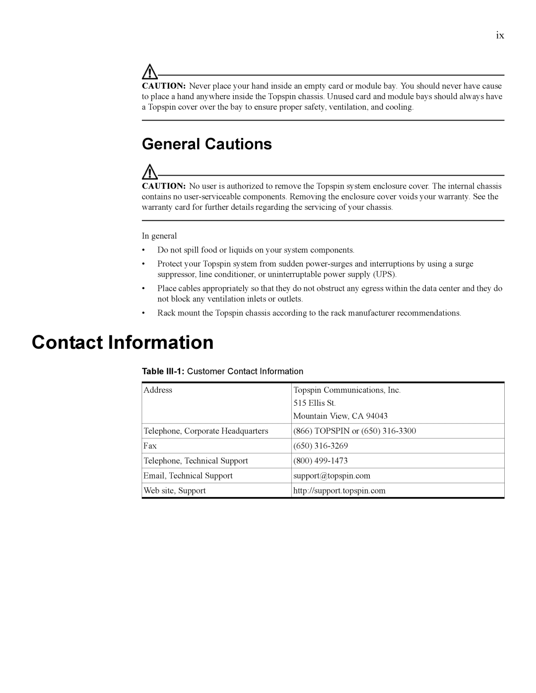 Cisco Systems SFS 7008 manual Contact Information, General Cautions 