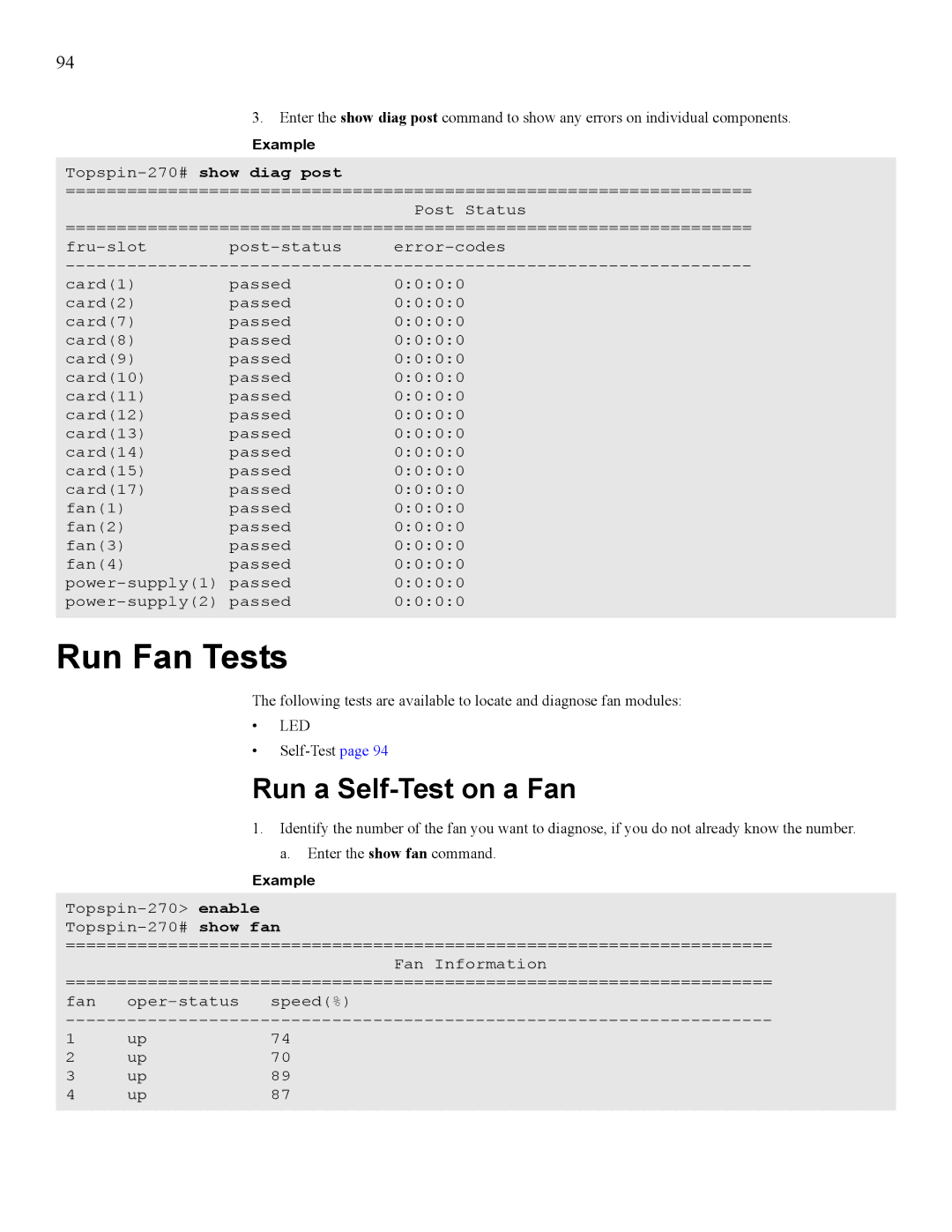 Cisco Systems SFS 7008 manual Run Fan Tests, Run a Self-Test on a Fan, Topspin-270#show diag post 