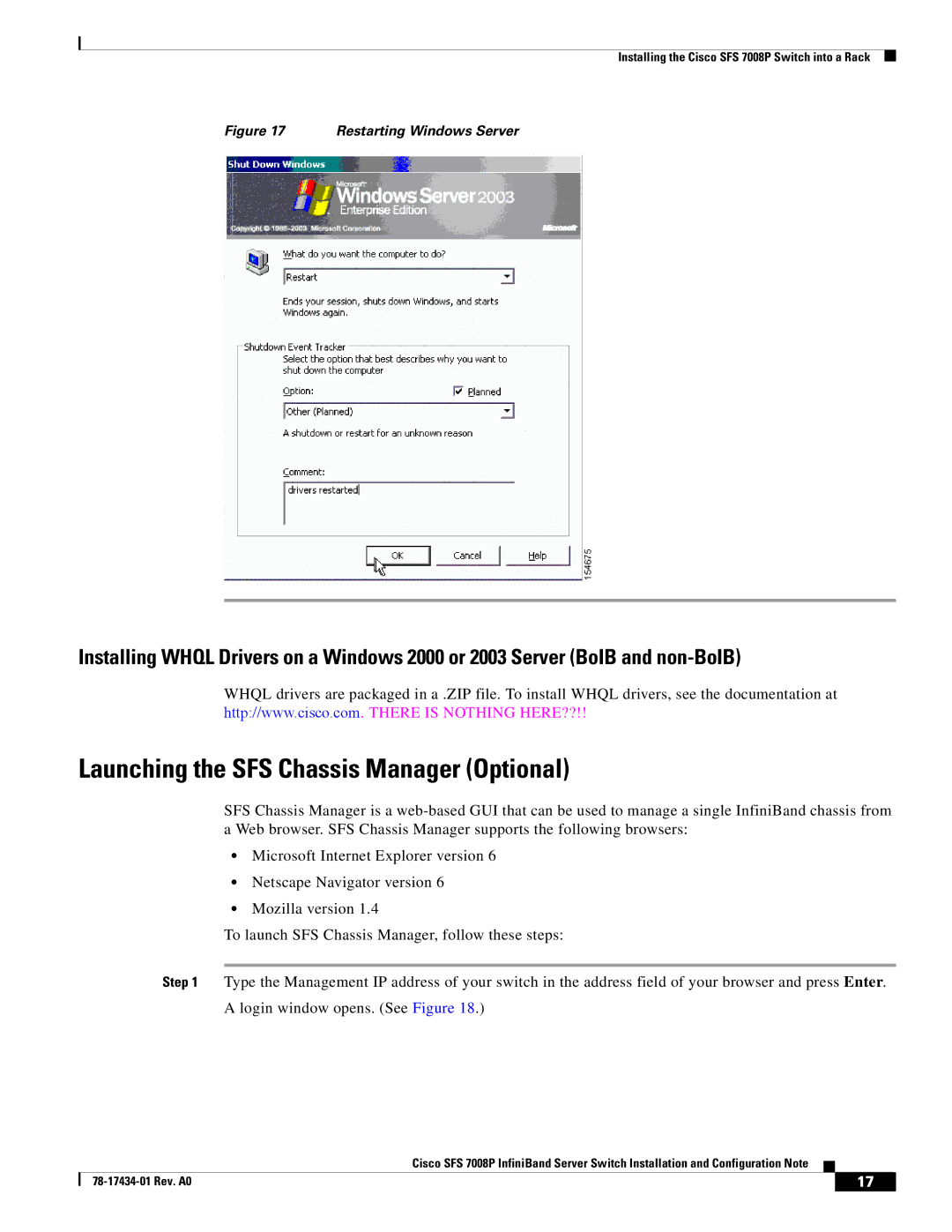 Cisco Systems SFS 7008P manual Launching the SFS Chassis Manager Optional, Restarting Windows Server 