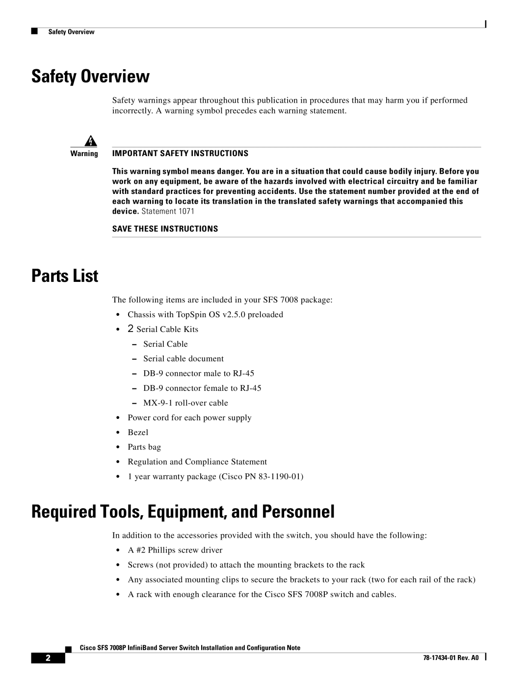 Cisco Systems SFS 7008P manual Safety Overview, Parts List, Required Tools, Equipment, and Personnel 