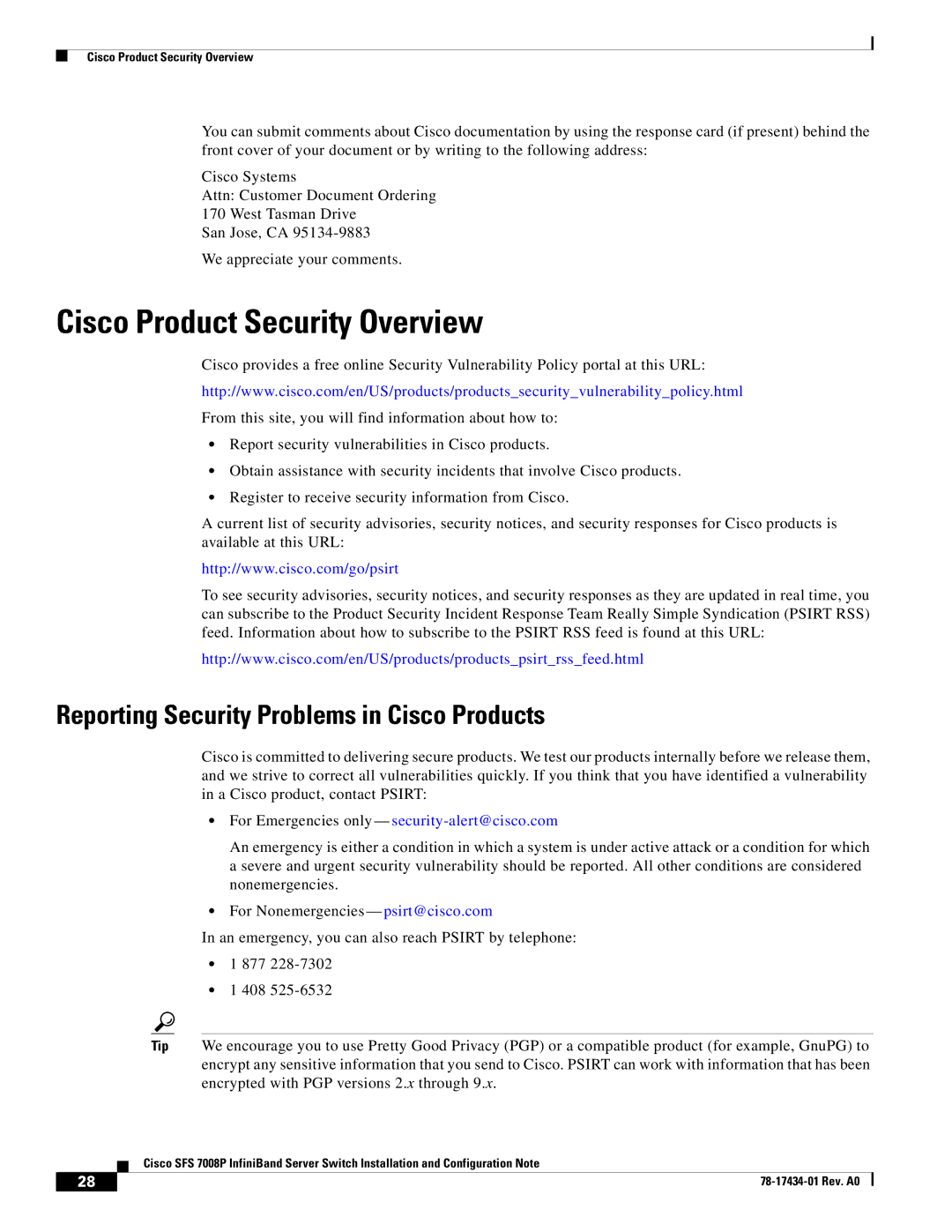 Cisco Systems SFS 7008P manual Cisco Product Security Overview, Reporting Security Problems in Cisco Products 