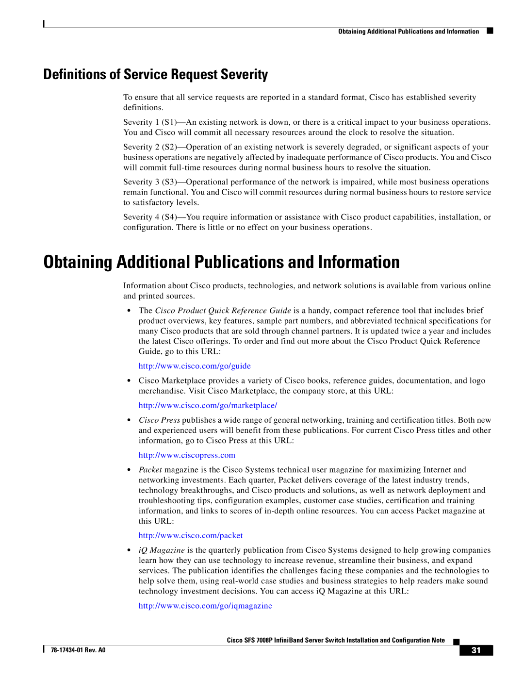 Cisco Systems SFS 7008P manual Obtaining Additional Publications and Information, Definitions of Service Request Severity 