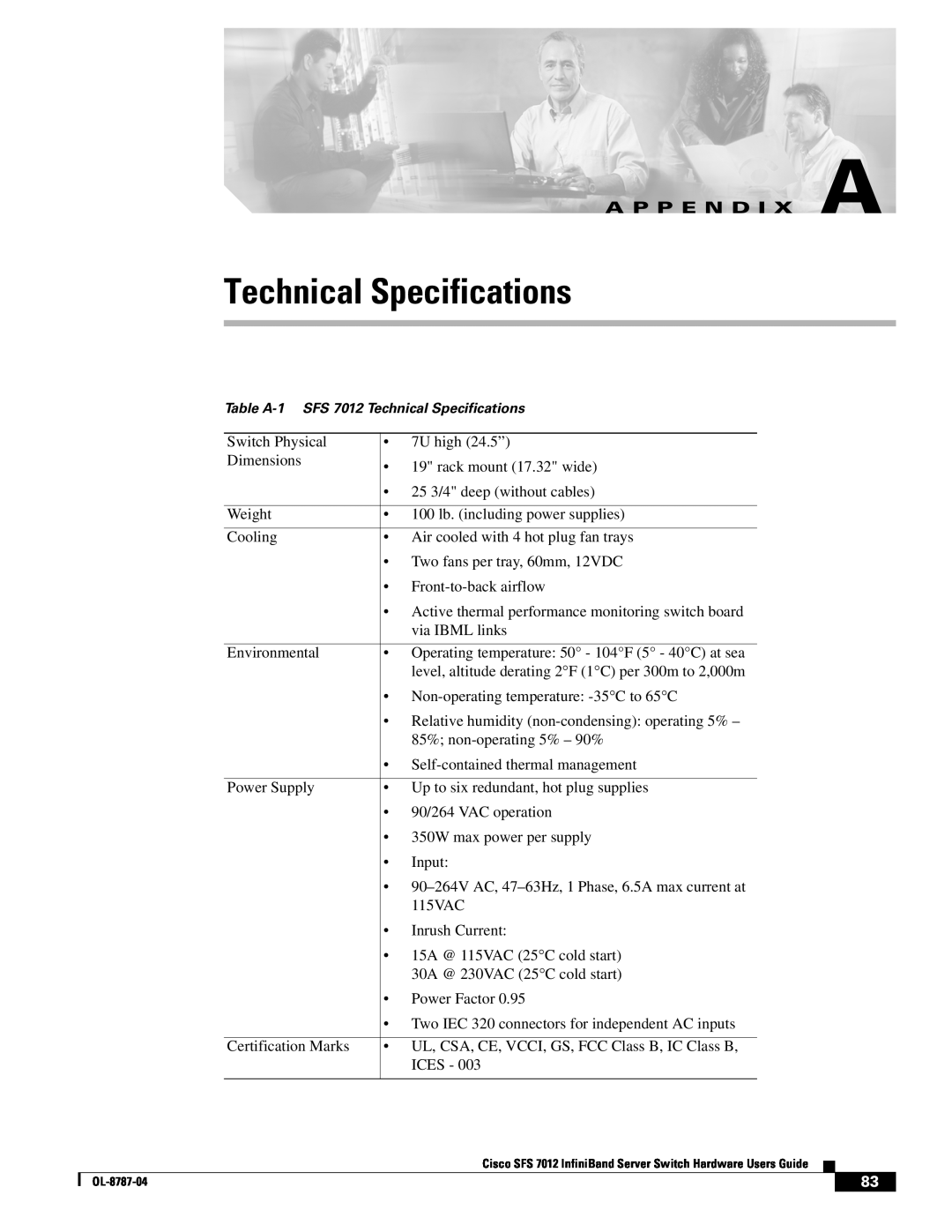 Cisco Systems SFS 7012 manual Technical Specifications, A P P E N D I X A 