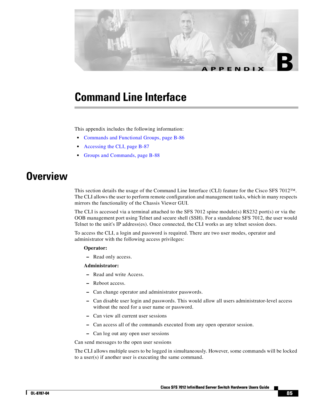 Cisco Systems SFS 7012 manual Command Line Interface, Overview, A P P E N D I X B 