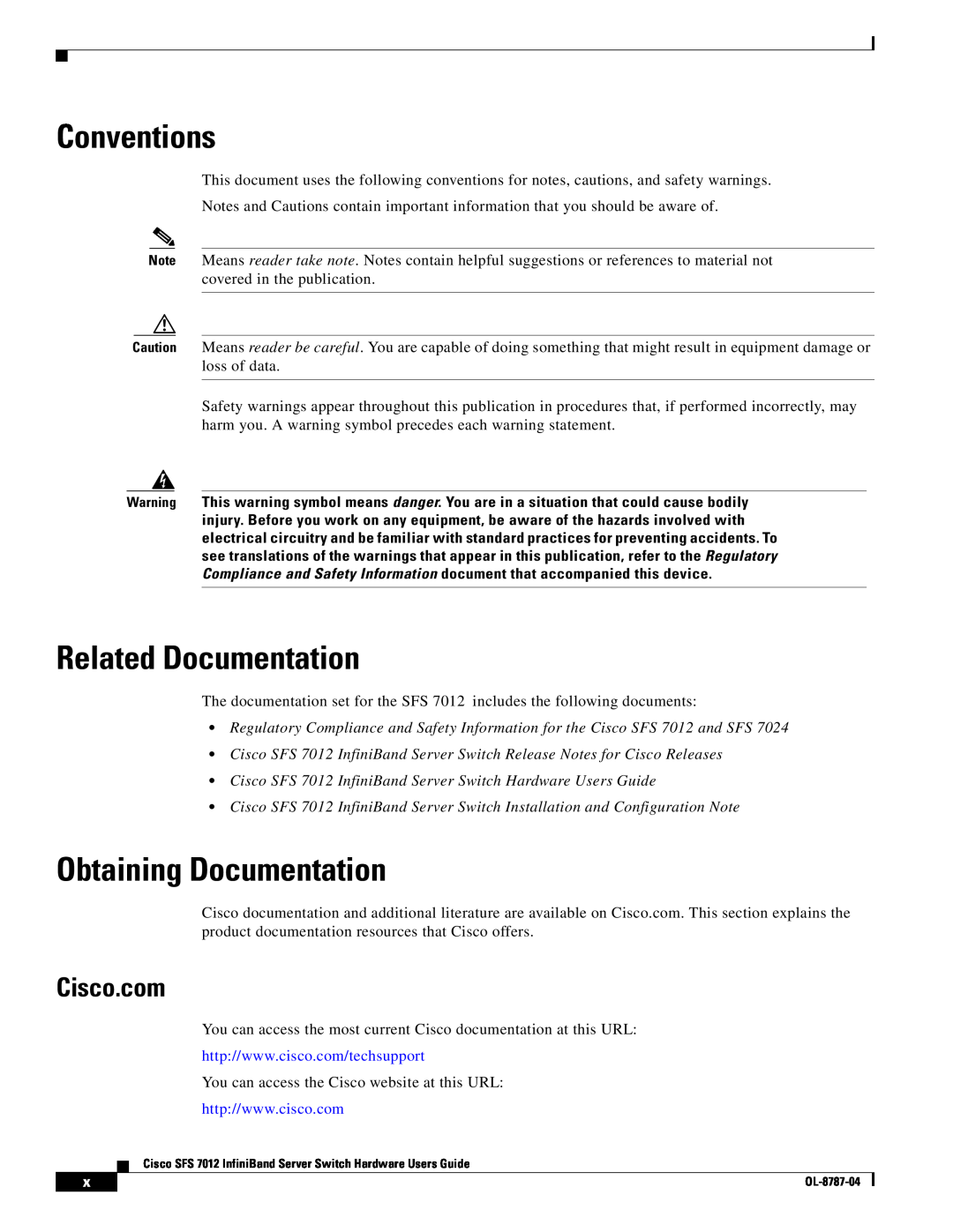 Cisco Systems SFS 7012 manual Conventions, Related Documentation, Obtaining Documentation, Cisco.com 