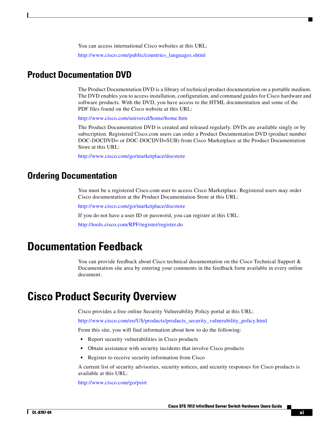 Cisco Systems SFS 7012 manual Documentation Feedback, Cisco Product Security Overview, Product Documentation DVD 