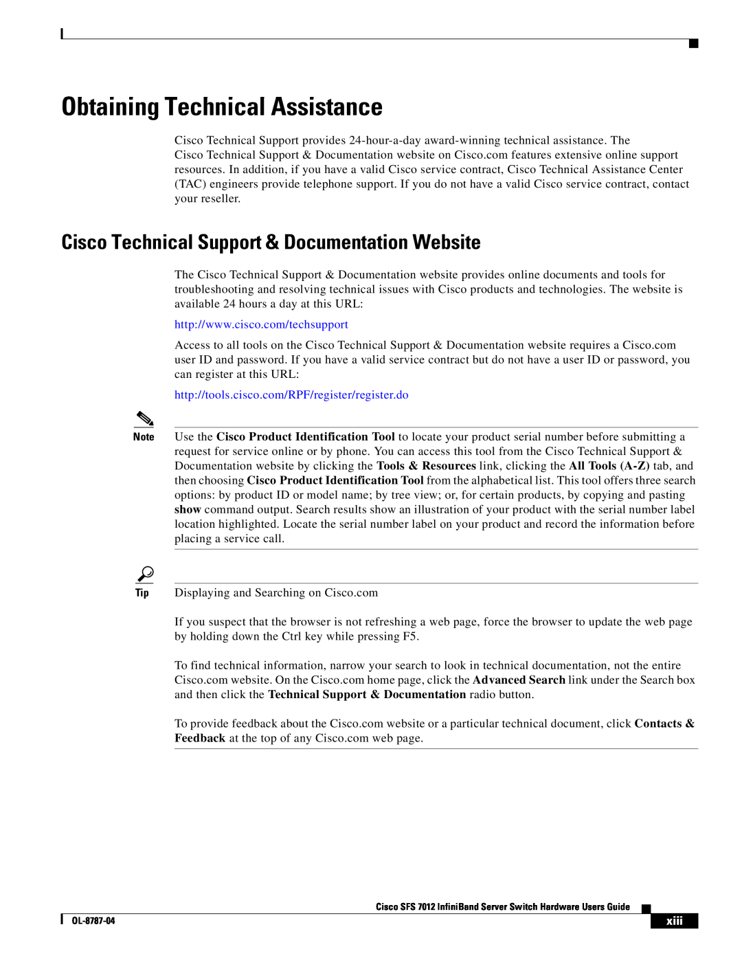 Cisco Systems SFS 7012 manual Obtaining Technical Assistance, Cisco Technical Support & Documentation Website, xiii 