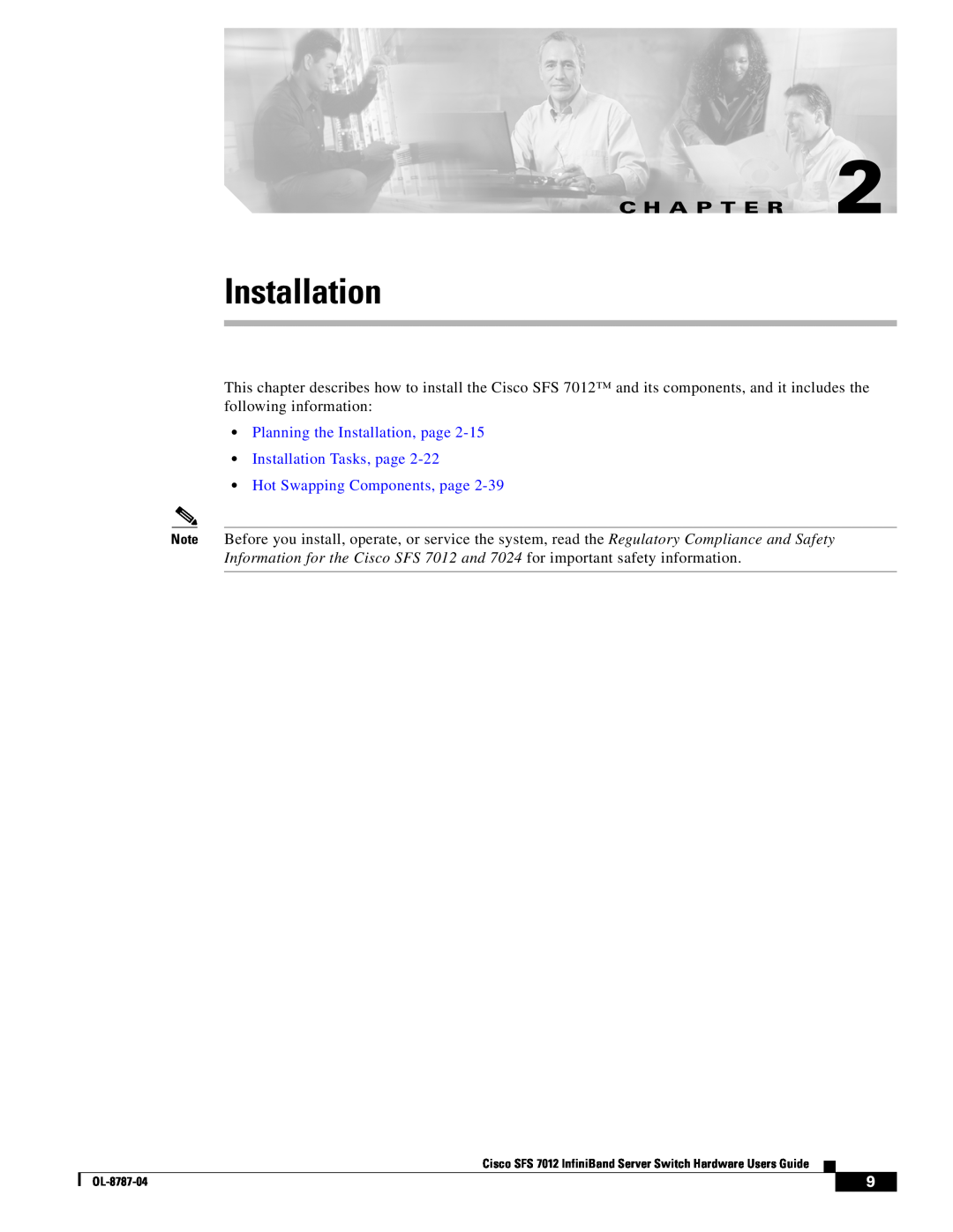 Cisco Systems SFS 7012 manual C H A P T E R, Planning the Installation, page Installation Tasks, page 