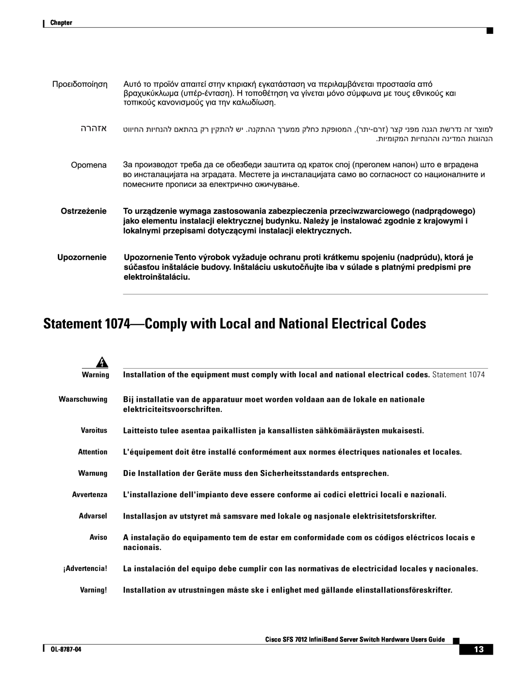Cisco Systems SFS 7012 manual Statement 1074-Comply with Local and National Electrical Codes 