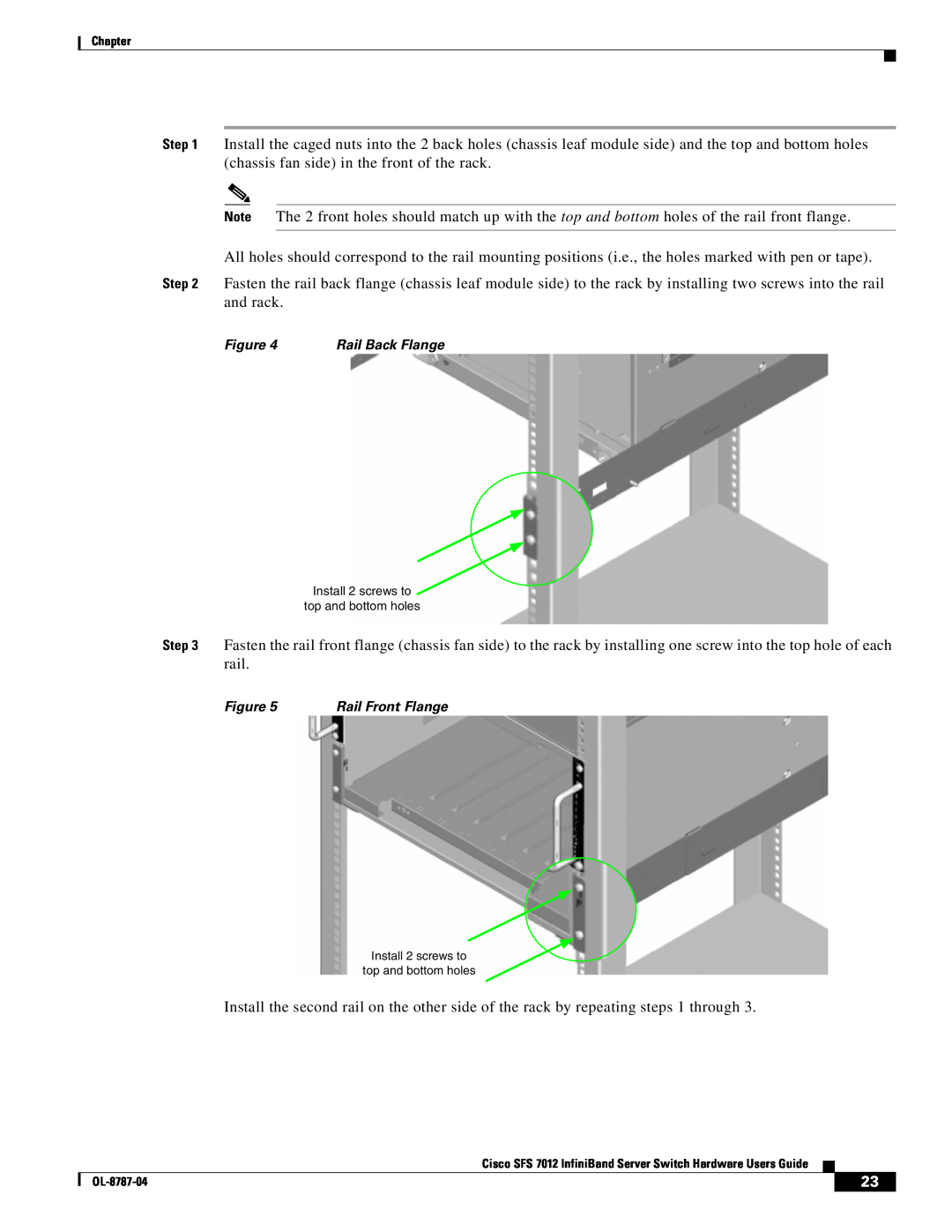 Cisco Systems SFS 7012 manual Rail Front Flange, Install 2 screws to top and bottom holes 