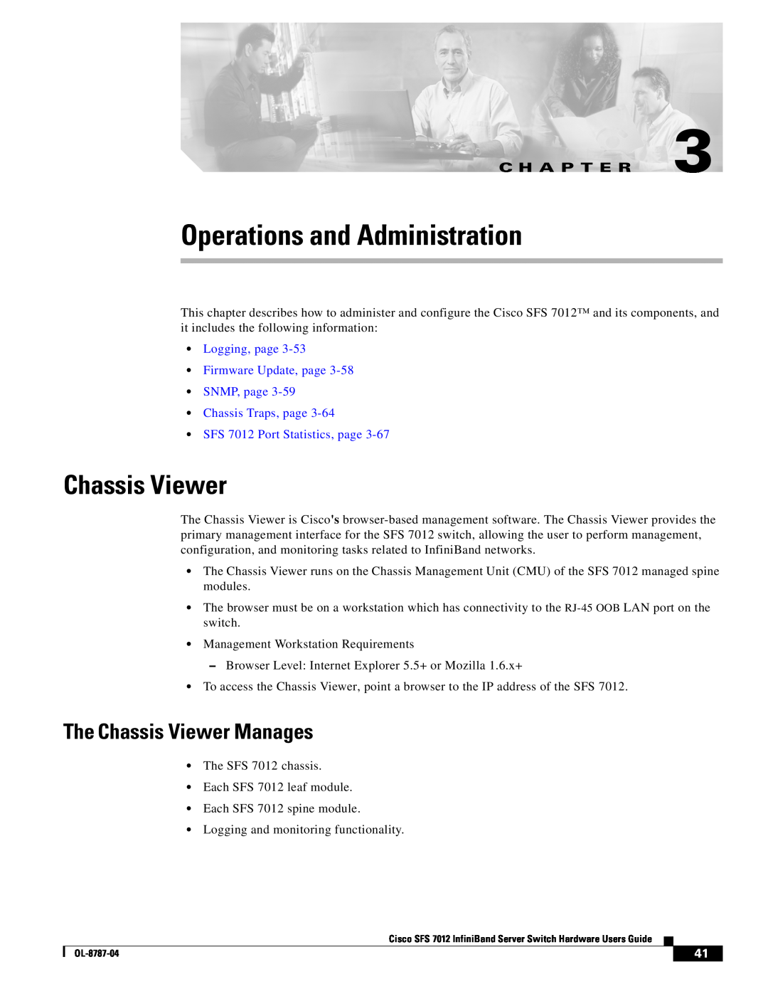 Cisco Systems SFS 7012 manual Operations and Administration, The Chassis Viewer Manages, C H A P T E R 