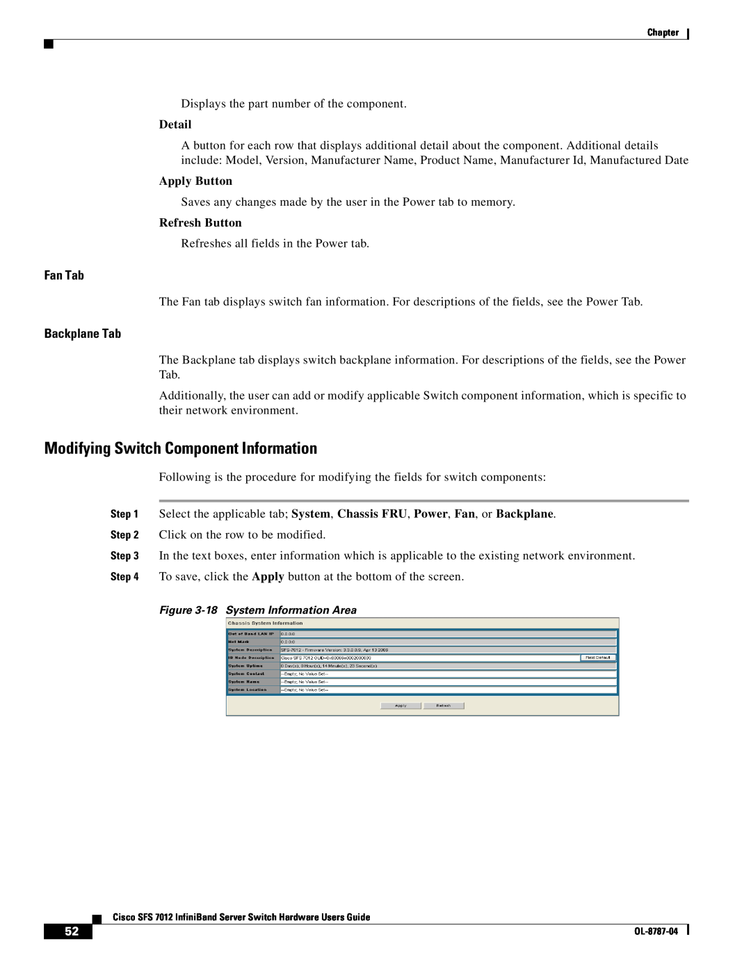 Cisco Systems SFS 7012 manual Modifying Switch Component Information, Fan Tab, Backplane Tab 