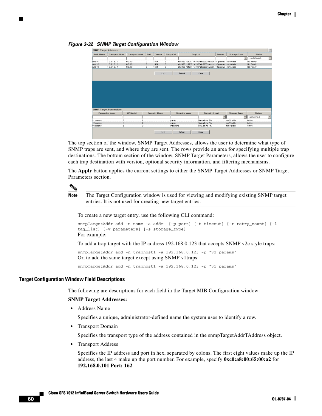 Cisco Systems SFS 7012 manual Target Configuration Window Field Descriptions, SNMP Target Addresses 