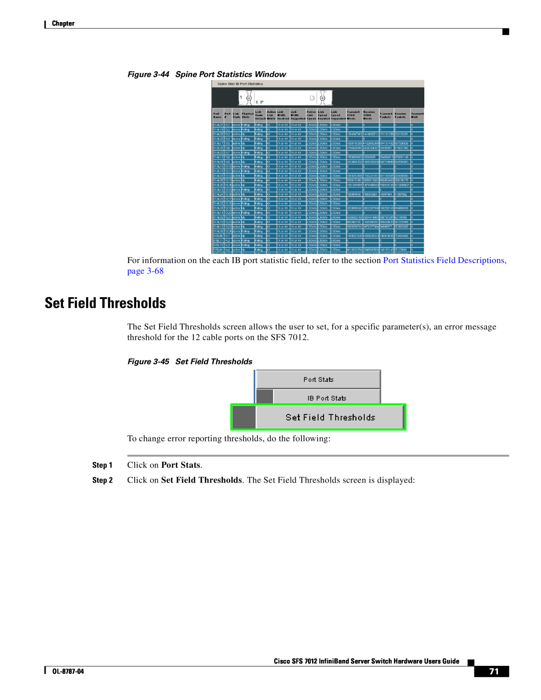 Cisco Systems SFS 7012 manual 44 Spine Port Statistics Window, 45 Set Field Thresholds 