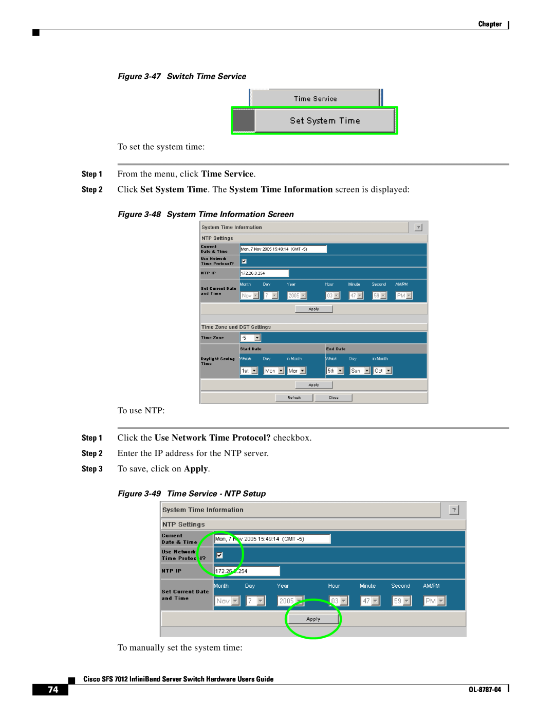 Cisco Systems SFS 7012 47 Switch Time Service, 48 System Time Information Screen, 49 Time Service - NTP Setup, Chapter 