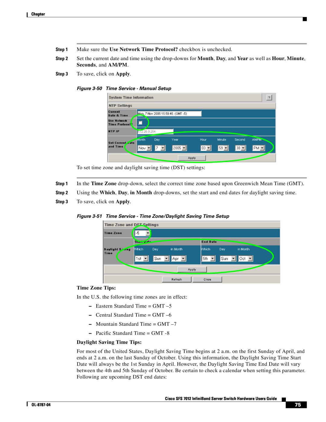Cisco Systems SFS 7012 manual Time Zone Tips, Daylight Saving Time Tips, 50 Time Service - Manual Setup 