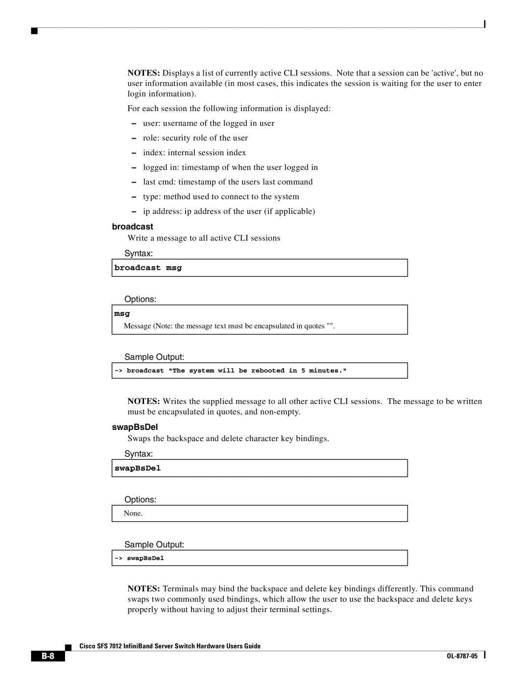 Cisco Systems SFS 7012 manual Broadcast msg, Msg, SwapBsDel 