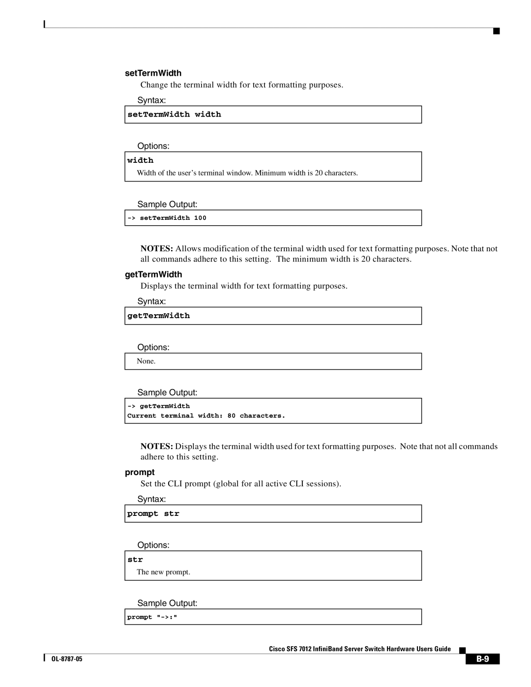 Cisco Systems SFS 7012 manual SetTermWidth, GetTermWidth, Prompt 