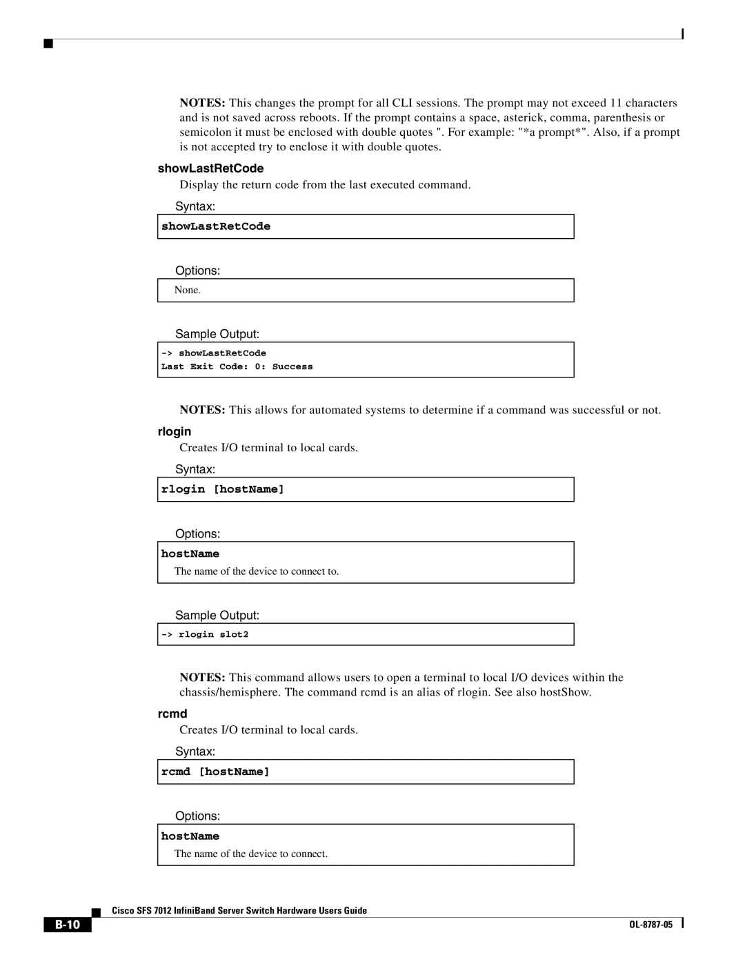 Cisco Systems SFS 7012 manual ShowLastRetCode, Rlogin, Rcmd 