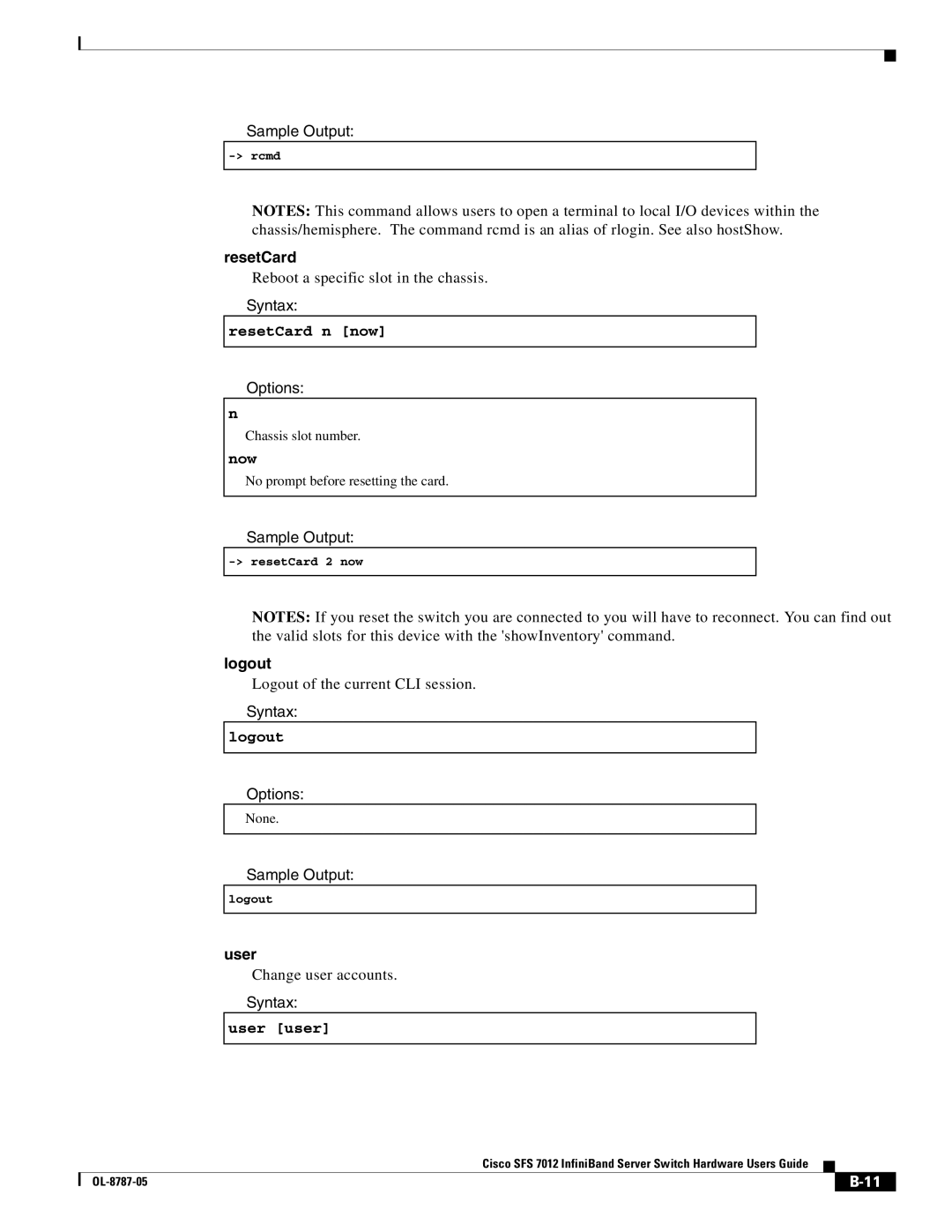 Cisco Systems SFS 7012 manual ResetCard, Logout, User 