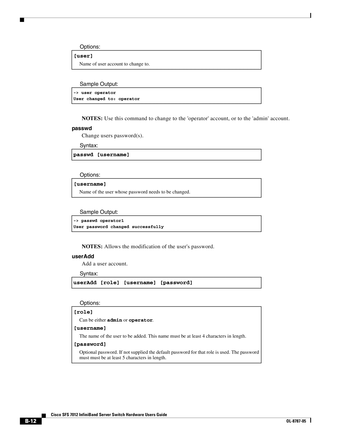 Cisco Systems SFS 7012 manual Passwd, UserAdd 