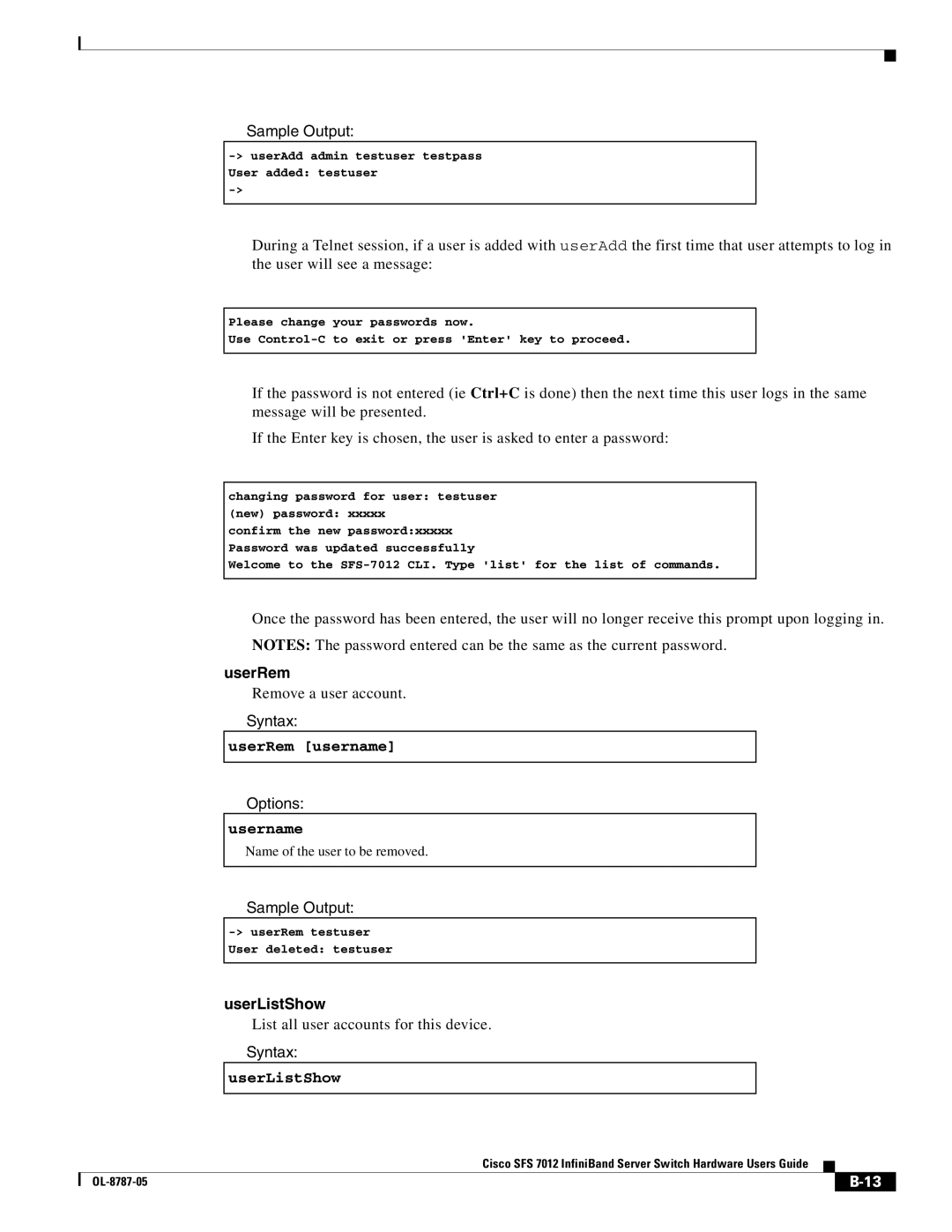 Cisco Systems SFS 7012 manual UserRem username, UserListShow 