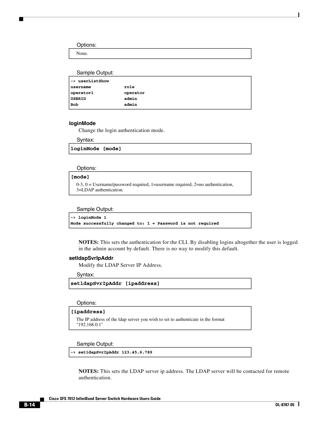 Cisco Systems SFS 7012 manual LoginMode, SetldapSvrIpAddr 