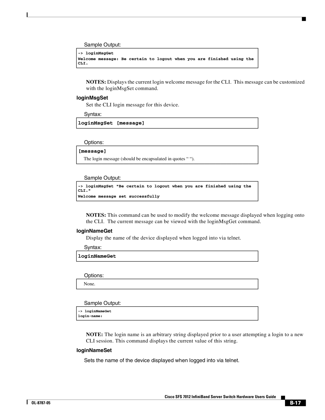 Cisco Systems SFS 7012 manual LoginMsgSet, LoginNameGet, LoginNameSet 