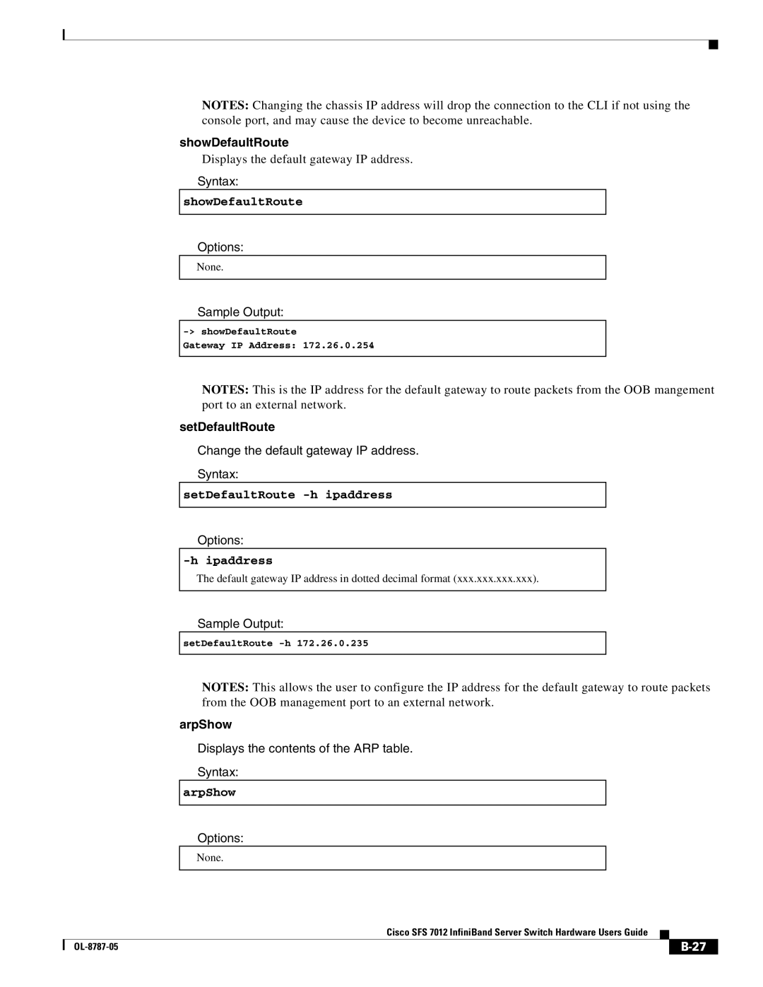 Cisco Systems SFS 7012 manual ShowDefaultRoute, SetDefaultRoute, ArpShow 